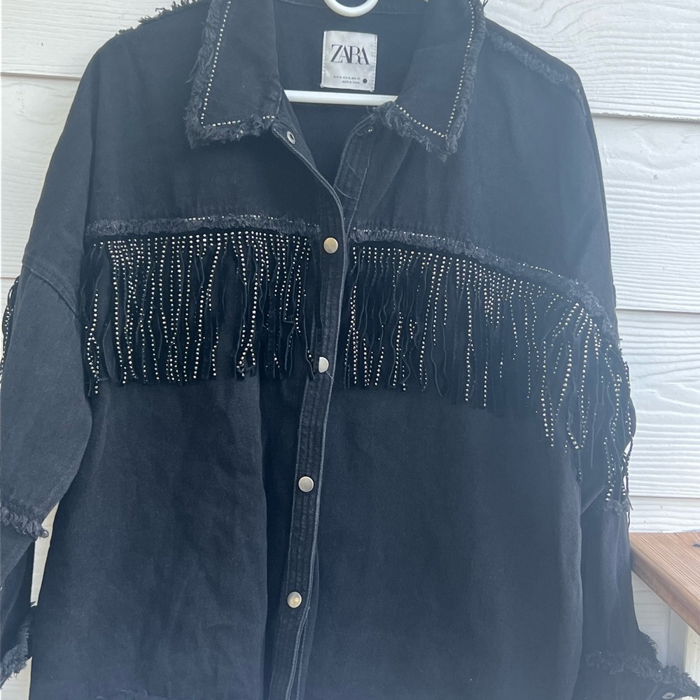Zara Black Denim Jacket with Fringe